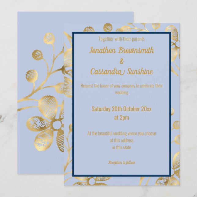 INVITACIÓN ELEGANTE BODA DE ORO BOTÁNICO PERIWINKLE NAVY (Anverso / Reverso)