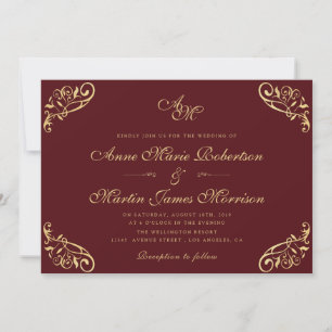 Invitación elegante boda de oro burgundy rojo faux
