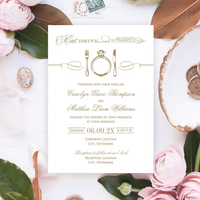 Invitación Elegante Boda de Oro Comer Beber y Casarse (Subido por el creador)