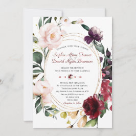 Invitación Elegante Boda de oro con flores de ciruela borgoño