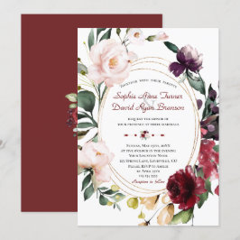 Invitación Elegante Boda de oro con flores de ciruela borgoño
