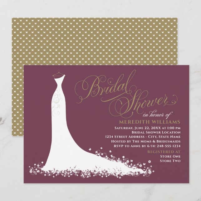 Invitación Elegante Boda de oro de Borgoña Ducha de novia (Anverso / Reverso)