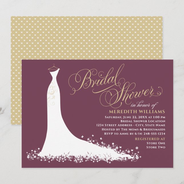 Invitación Elegante Boda de oro de Borgoña Ducha de novia (Anverso / Reverso)