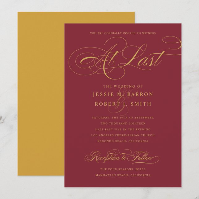 Invitación Elegante Boda de oro de Borgoña en última caligraf (Anverso / Reverso)