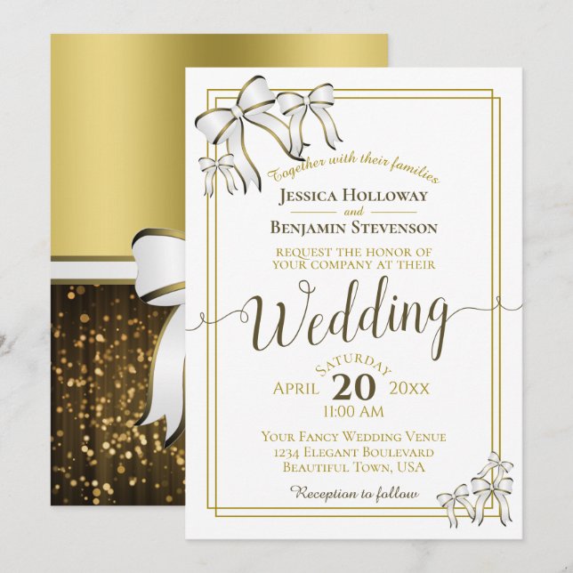 Invitación Elegante Boda de oro de cintas blancas (Anverso / Reverso)