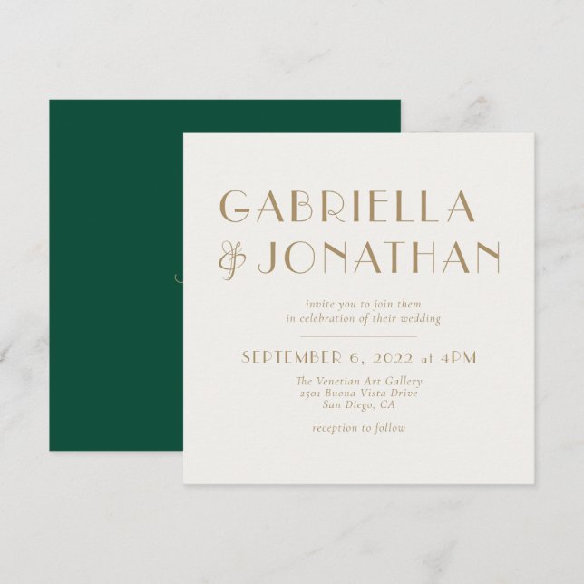 Invitación Elegante Boda de oro de Crema Verde Esmeralda (Anverso / Reverso)