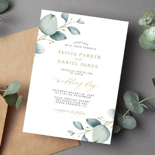 Invitación Elegante boda de oro de eucalipto verde