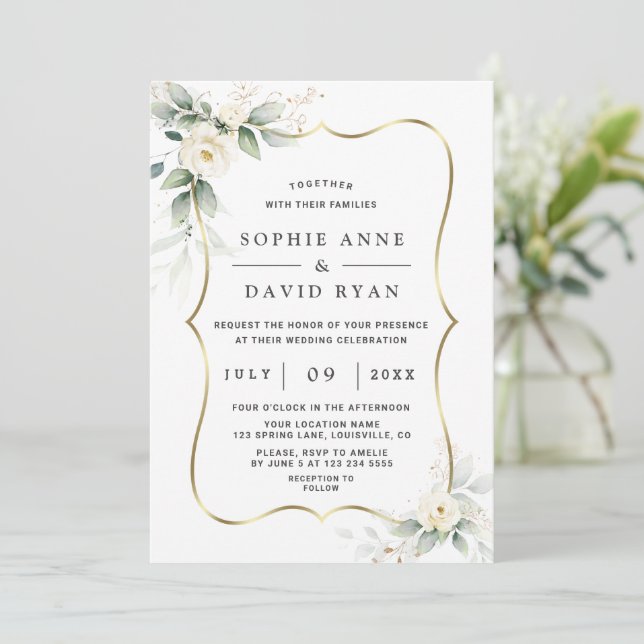 Invitación Elegante Boda de oro de flores blancas de vegetaci (Anverso de pie)