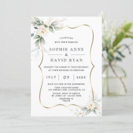 Invitación Elegante Boda de oro de flores blancas de vegetaci