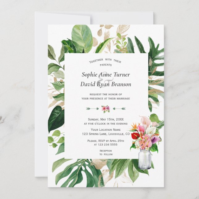 Invitación Elegante Boda de oro de flores de jardín tropical (Anverso)