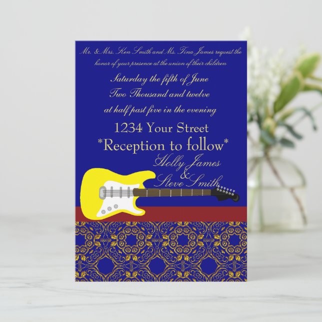 Invitación Elegante boda de oro de guitarra eléctrica y azul  (Anverso de pie)