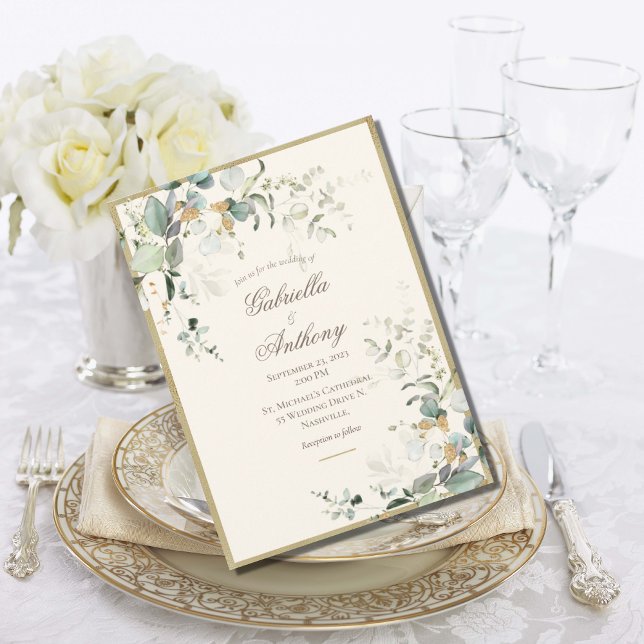Invitación Elegante Boda de oro de hojas rústicas verde (Subido por el creador)