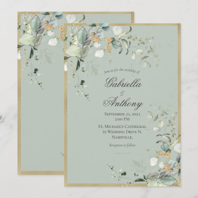Invitación Elegante Boda de oro de hojas rusticas verdes verd (Anverso / Reverso)