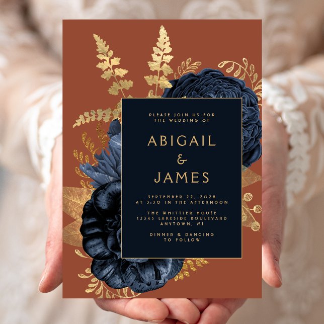 Invitación Elegante Boda de oro de la Marina Floral Azul (Subido por el creador)