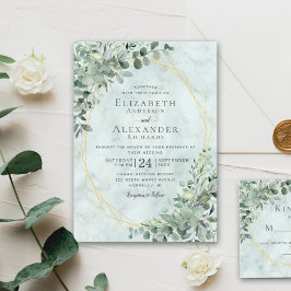 Invitación Elegante Boda de Oro de Mármol Eucalyptus Greenery