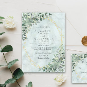 Invitación Elegante Boda de Oro de Mármol Eucalyptus Greenery