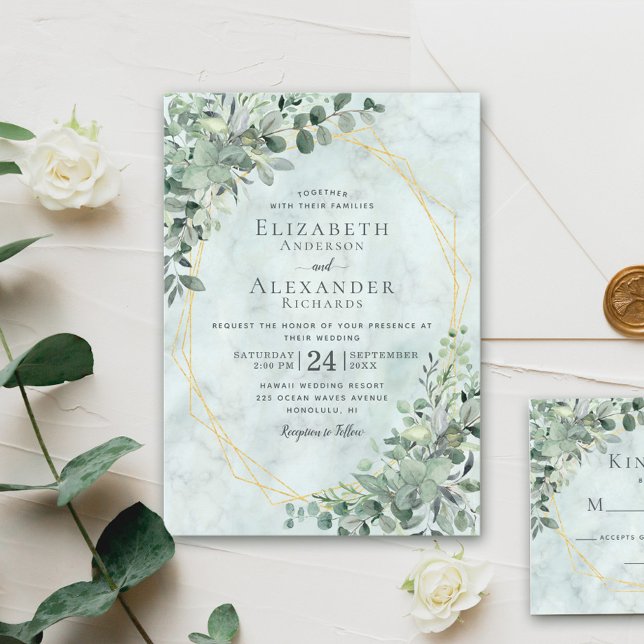 Invitación Elegante Boda de Oro de Mármol Eucalyptus Greenery (Subido por el creador)