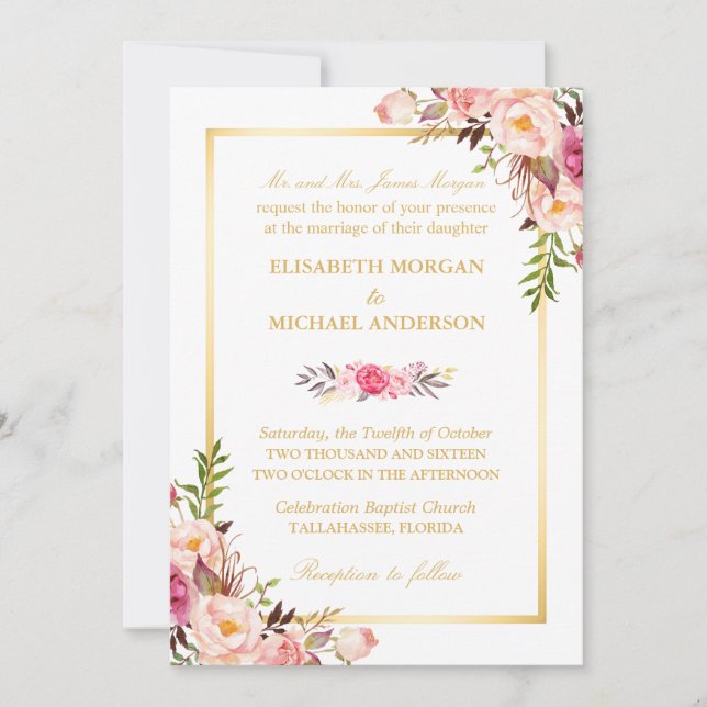 Invitación Elegante Boda de oro de Moda floral rosa Rubor (Anverso)