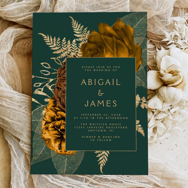 Invitación Elegante Boda de oro de rust verde esmeralda flora (Subido por el creador)