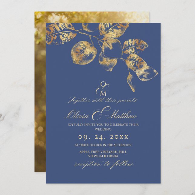 Invitación Elegante Boda de oro de Sapphire Pantone (Anverso / Reverso)