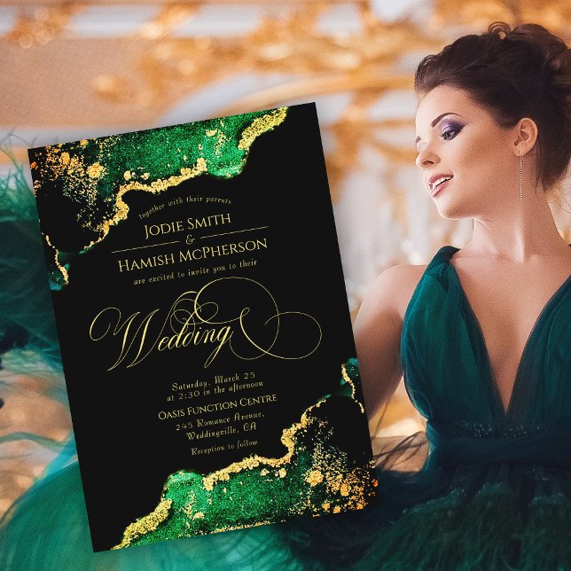 Invitación Elegante Boda de oro del Bronce verde esmeralda (Elegant Emerald Green Bronze Gold Wedding Invitation)
