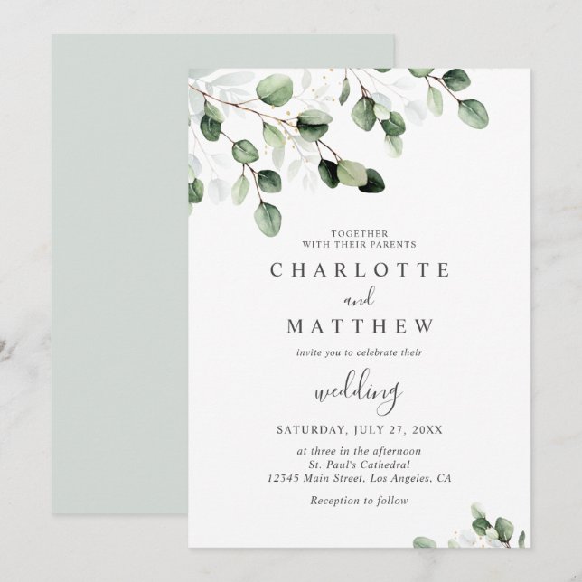 Invitación Elegante Boda de Oro Eucalyptus (Anverso / Reverso)