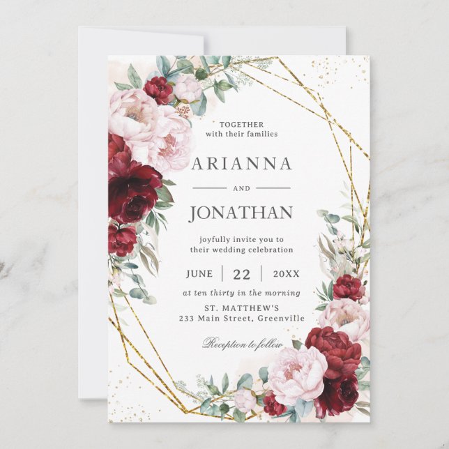 Invitación Elegante Boda de oro floral de Rubor Peonies de Bo (Anverso)