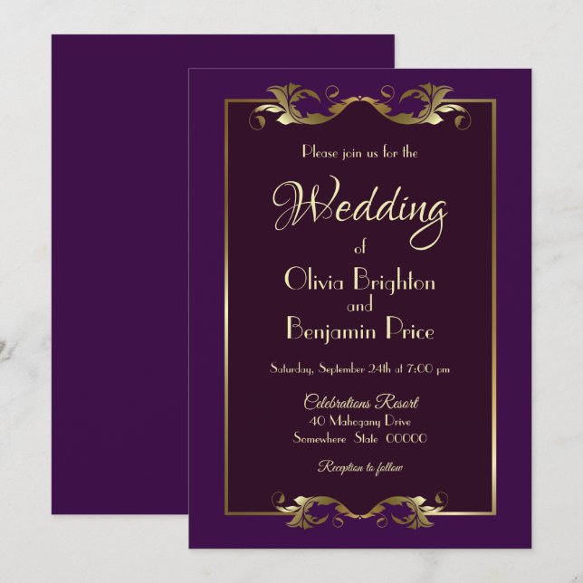 Invitación Elegante Boda de oro morado de Borgoña (Anverso / Reverso)