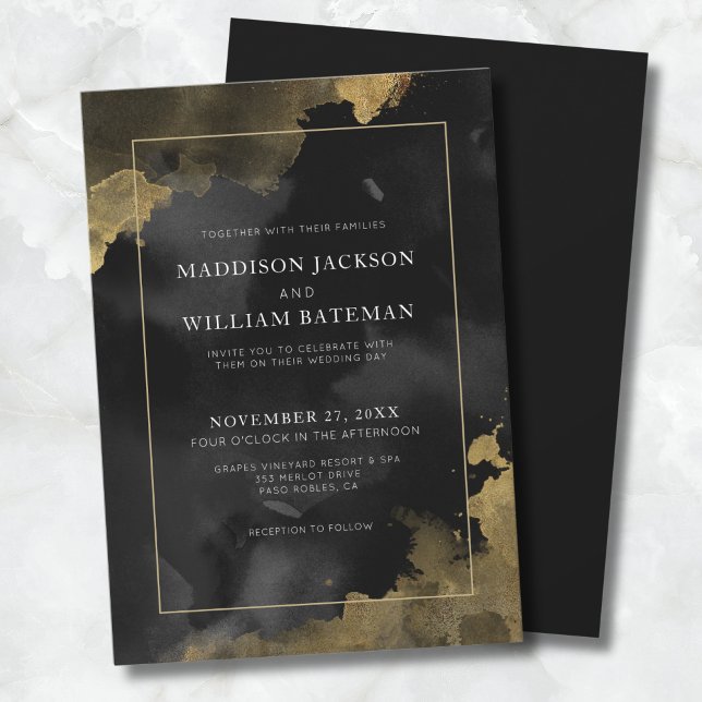 Invitación Elegante Boda de Oro Negro (Elegant Watercolor Black Gold Wedding Invitation)