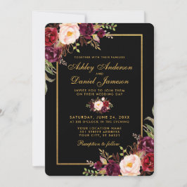 Invitación Elegante Boda de oro negro con flores de Borgoña R