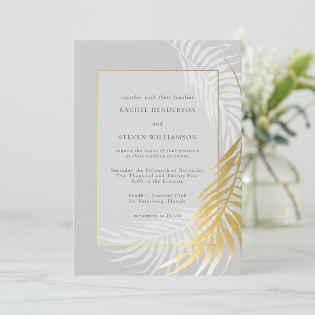 Invitación Elegante Boda de oro plateado vegetación tropical (Anverso de pie)