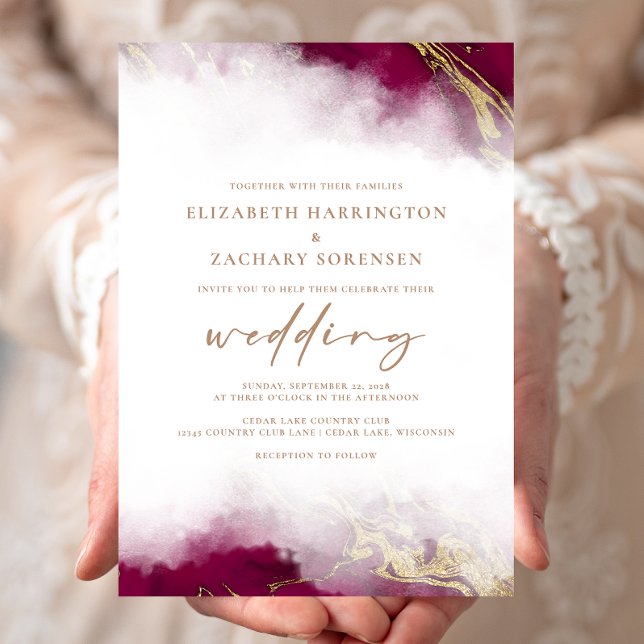 Invitación Elegante Boda de oro rojo de mármol de Borgoña (Subido por el creador)