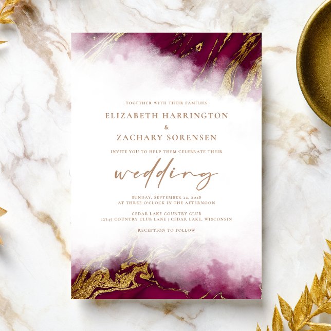 Invitación Elegante Boda de oro rojo de mármol de Borgoña (Subido por el creador)