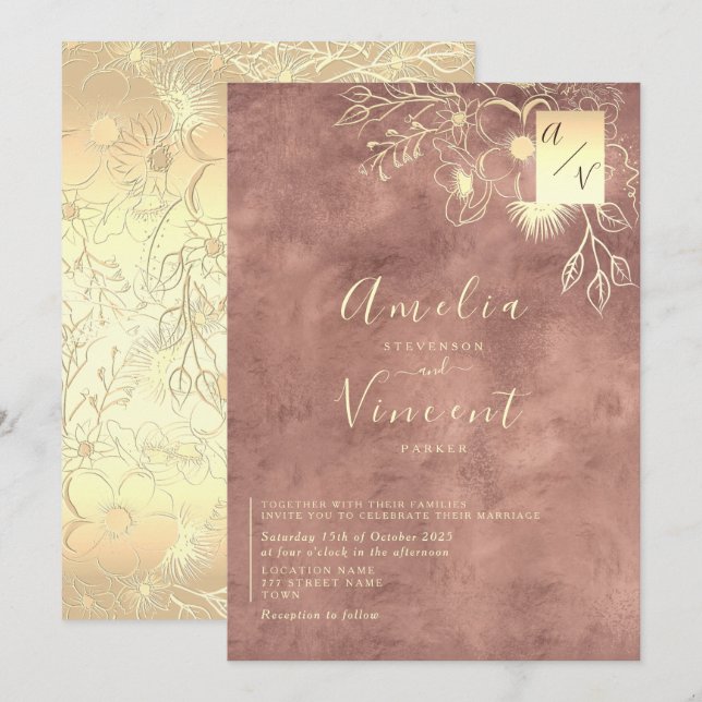 Invitación Elegante Boda de Oro Rosa (Anverso / Reverso)