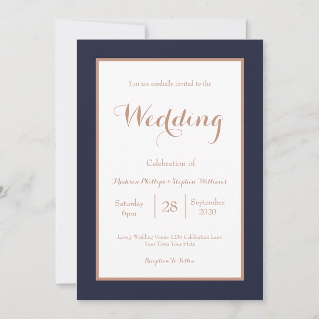 Invitación Elegante Boda de oro Rosa de la Marina Azul y Faux (Anverso)