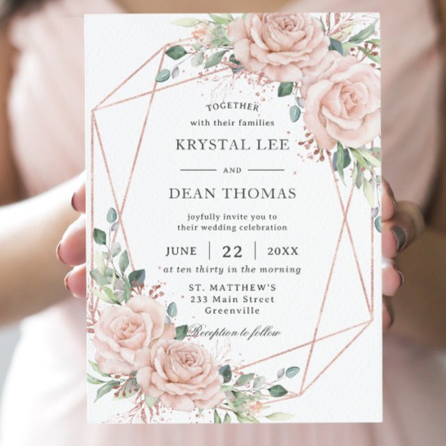 Invitación Elegante Boda de oro Rosa floral de rosas rosas ro (Subido por el creador)