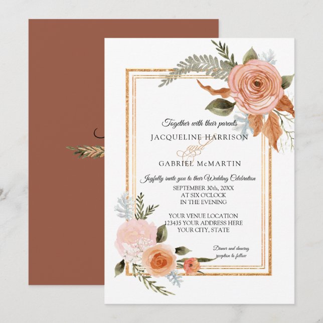 Invitación Elegante Boda de Oro Rústico Fall Floral Terracott (Anverso / Reverso)