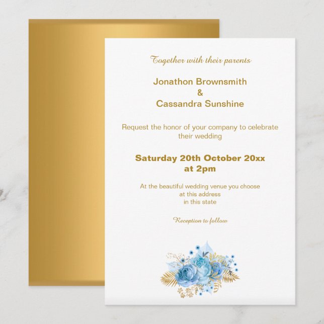 INVITACIÓN ELEGANTE BODA DE ORO SIMPLE AZUL AZUL FLORAL (Anverso / Reverso)