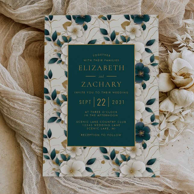 Invitación Elegante Boda de oro Verde azulado floral marfil o (Subido por el creador)