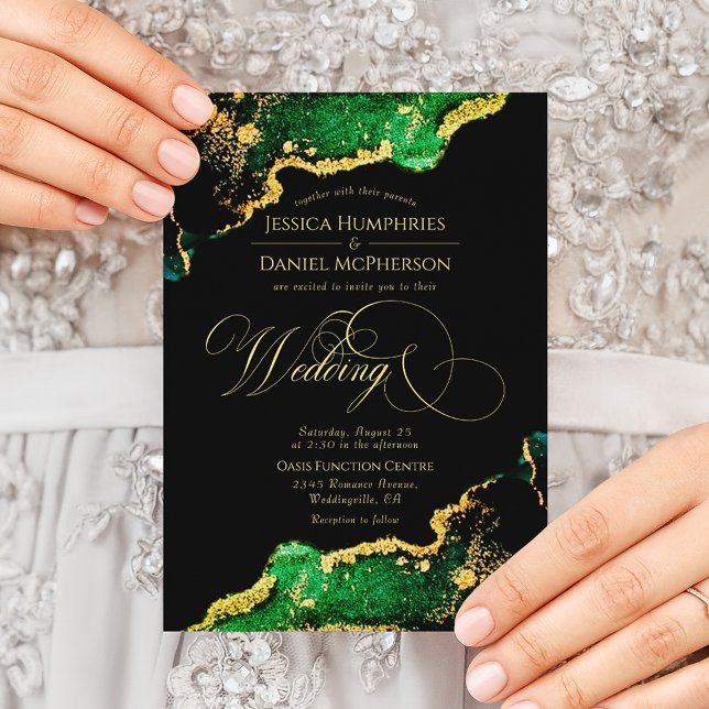Invitación Elegante Boda de oro verde de bronce (Elegant Green Bronze Gold Wedding Invitation)