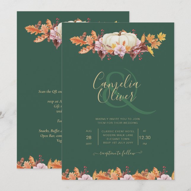 Invitación ELEGANTE Boda de Oro Verde de la Calabaza Todo en  (Anverso / Reverso)