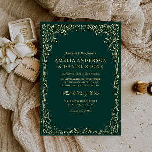 Invitación Elegante boda de oro verde esmeralda