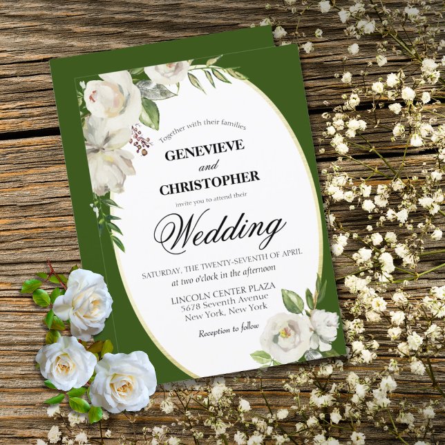 Invitación Elegante Boda de oro verde esmeralda floral (Elegant Emerald Green Floral White Rose Wedding Invitation)