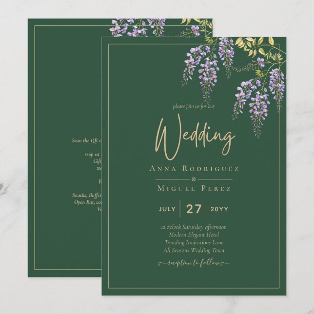 Invitación ELEGANTE Boda de oro verde histeria todo en1 (Anverso / Reverso)
