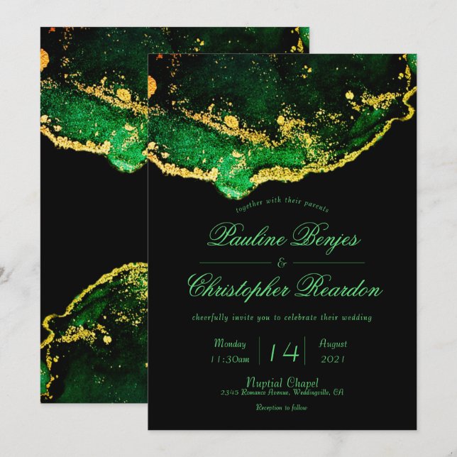 Invitación Elegante Boda de oro verde negro (Anverso / Reverso)