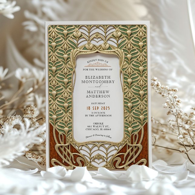 Invitación Elegante Boda de Oro y Art Nouveau Verde (Subido por el creador)