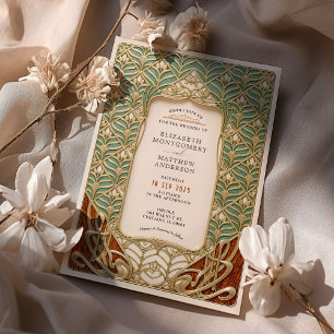 Invitación Elegante Boda de Oro y Art Nouveau Verde