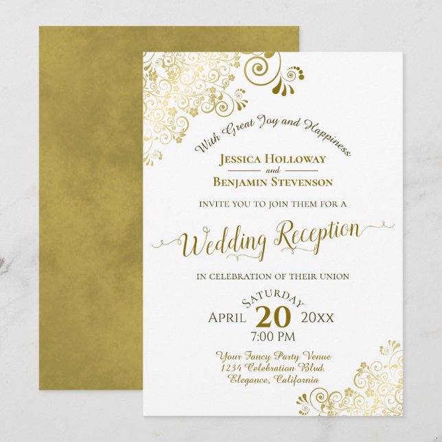 Invitación Elegante Boda de Oro y Blanco Recepción de Fiesta (Anverso / Reverso)