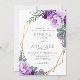 Invitación Elegante Boda de Oro y Eucalipto Morado Floral
