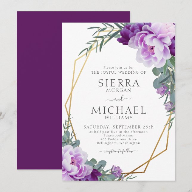 Invitación Elegante Boda de Oro y Eucalipto Morado Floral (Anverso / Reverso)